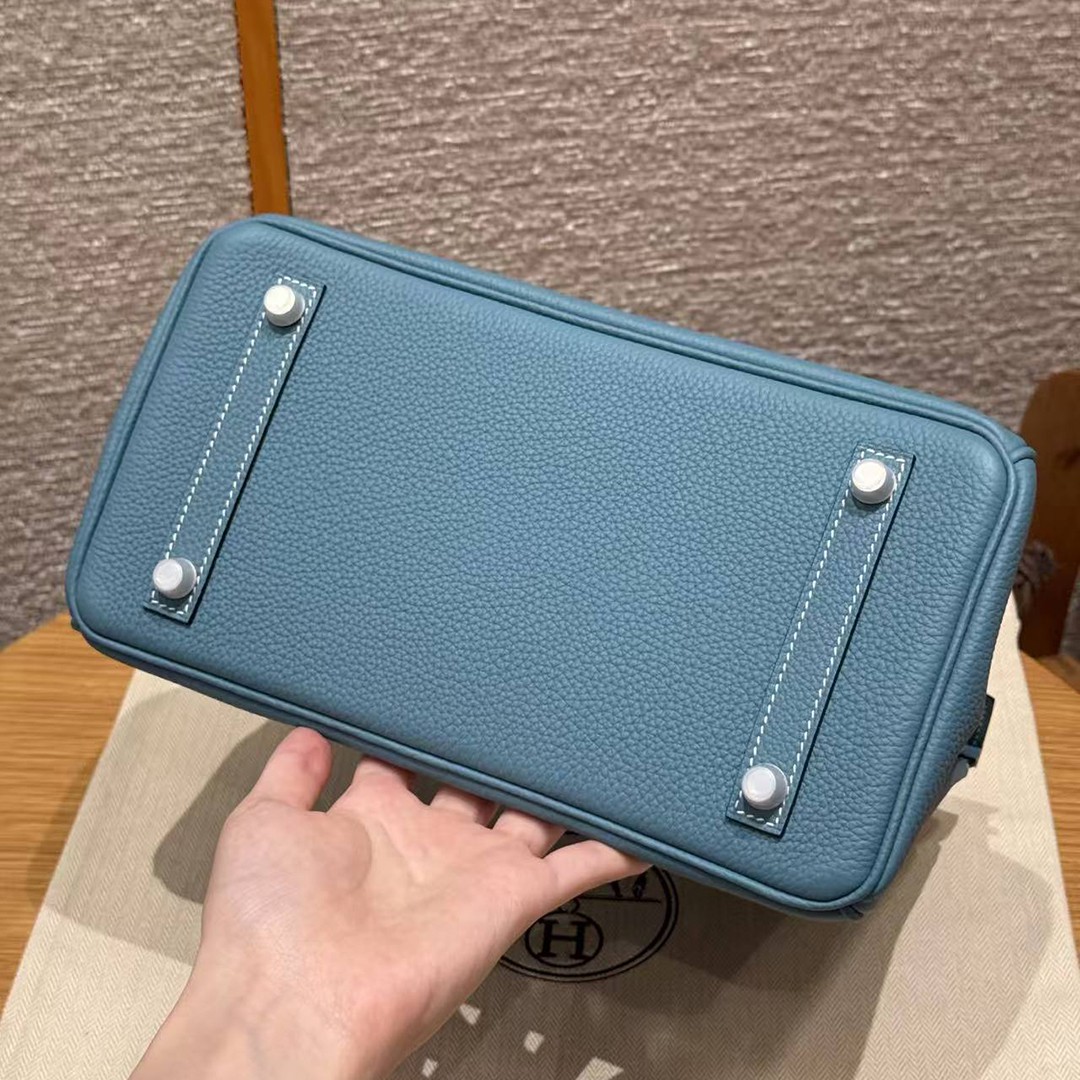 Hermes Birkin 25 Bag Handmade In Togo Calfskin Leather Silver Hardware D2 New Blue Jean - Image 14