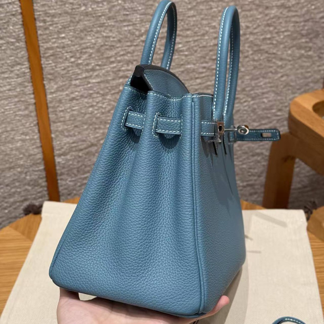 Hermes Birkin 25 Bag Handmade In Togo Calfskin Leather Silver Hardware D2 New Blue Jean - Image 13