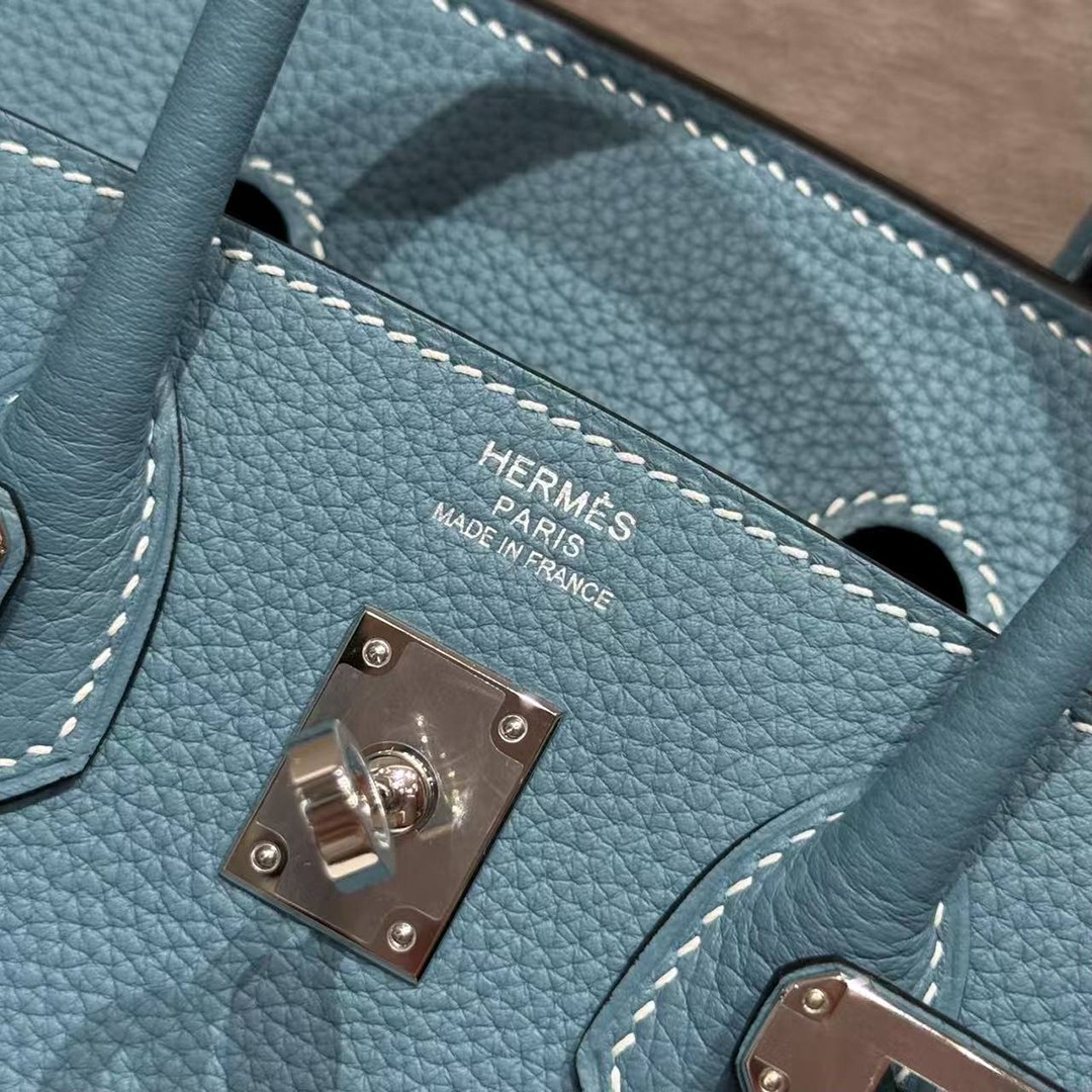 Hermes Birkin 25 Bag Handmade In Togo Calfskin Leather Silver Hardware D2 New Blue Jean - Image 12