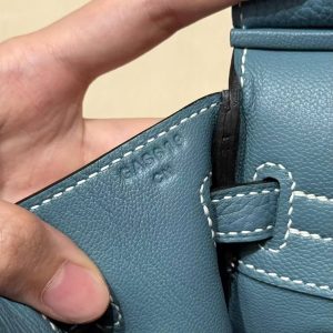 Hermes Birkin 25 Bag Handmade In Togo Calfskin Leather Silver Hardware D2 New Blue Jean - Image 10