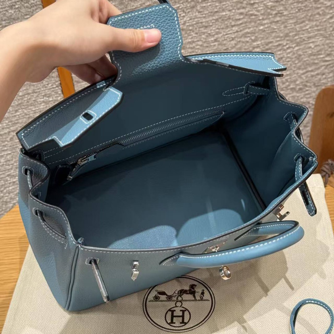 Hermes Birkin 25 Bag Handmade In Togo Calfskin Leather Silver Hardware D2 New Blue Jean - Image 9