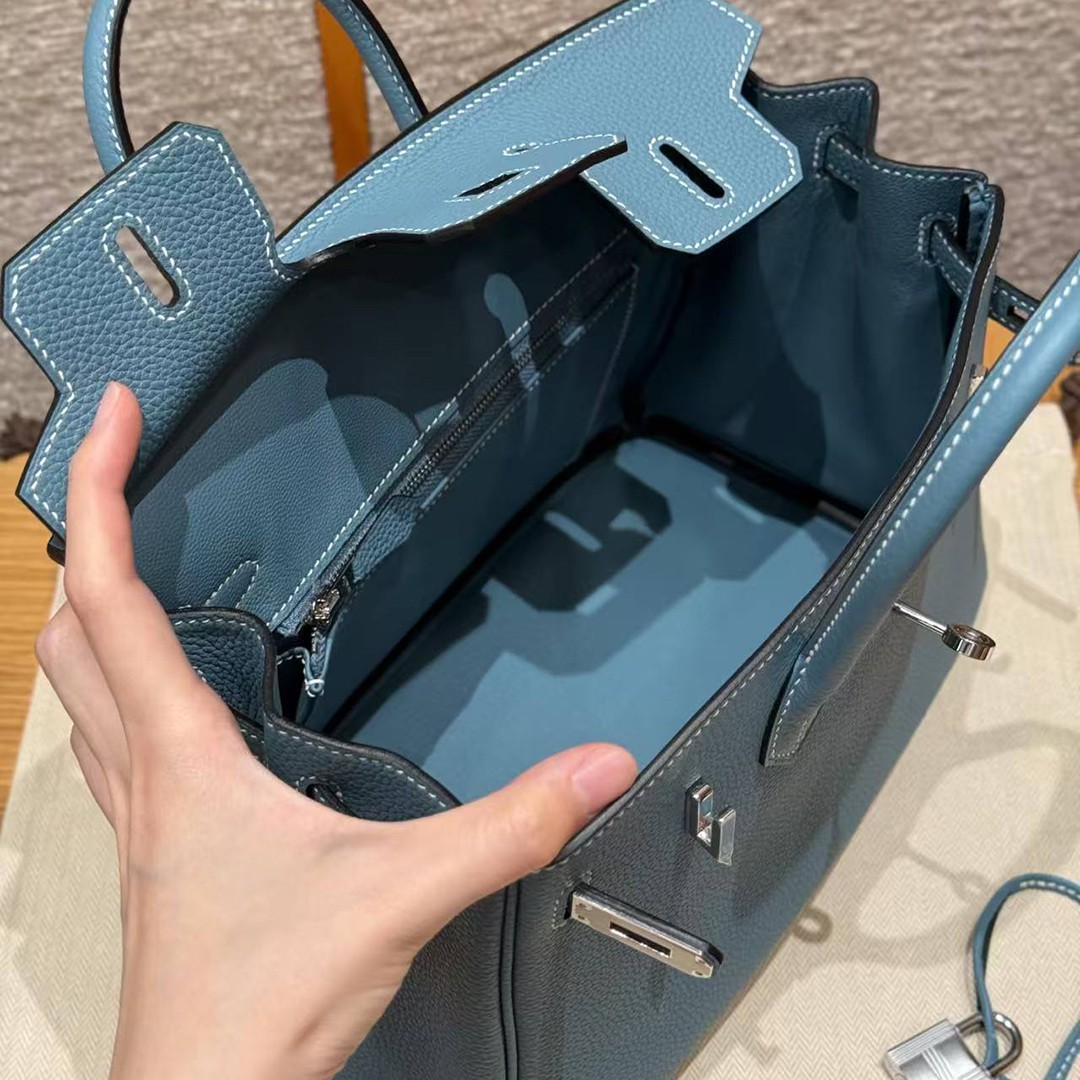 Hermes Birkin 25 Bag Handmade In Togo Calfskin Leather Silver Hardware D2 New Blue Jean - Image 8