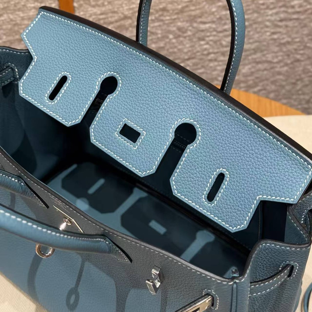 Hermes Birkin 25 Bag Handmade In Togo Calfskin Leather Silver Hardware D2 New Blue Jean - Image 7