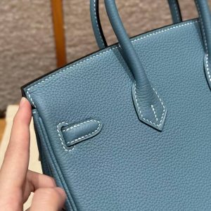 Hermes Birkin 25 Bag Handmade In Togo Calfskin Leather Silver Hardware D2 New Blue Jean - Image 6