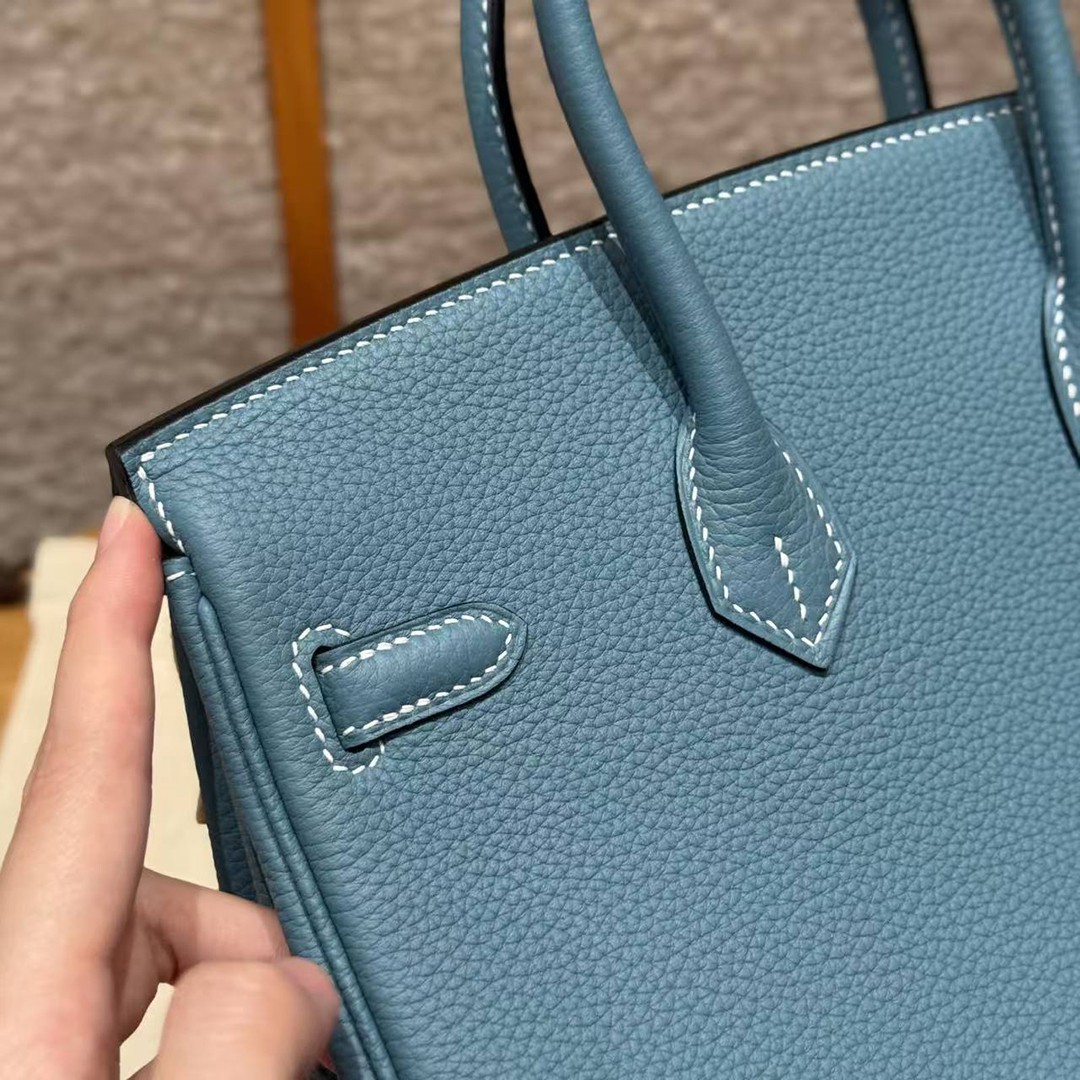 Hermes Birkin 25 Bag Handmade In Togo Calfskin Leather Silver Hardware D2 New Blue Jean - Image 6