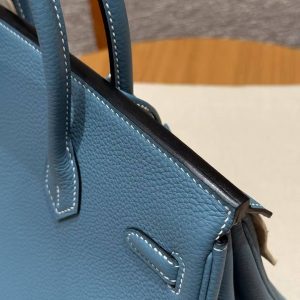 Hermes Birkin 25 Bag Handmade In Togo Calfskin Leather Silver Hardware D2 New Blue Jean - Image 5