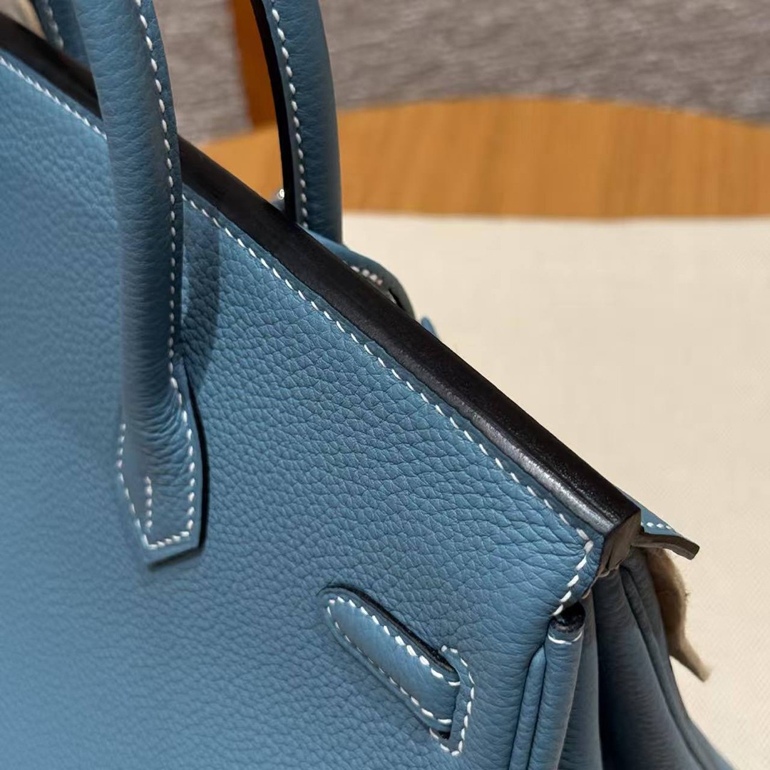 Hermes Birkin 25 Bag Handmade In Togo Calfskin Leather Silver Hardware D2 New Blue Jean - Image 5