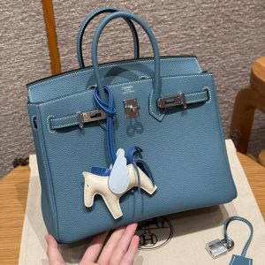 Hermes Birkin 25 Bag Handmade In Togo Calfskin Leather Silver Hardware D2 New Blue Jean