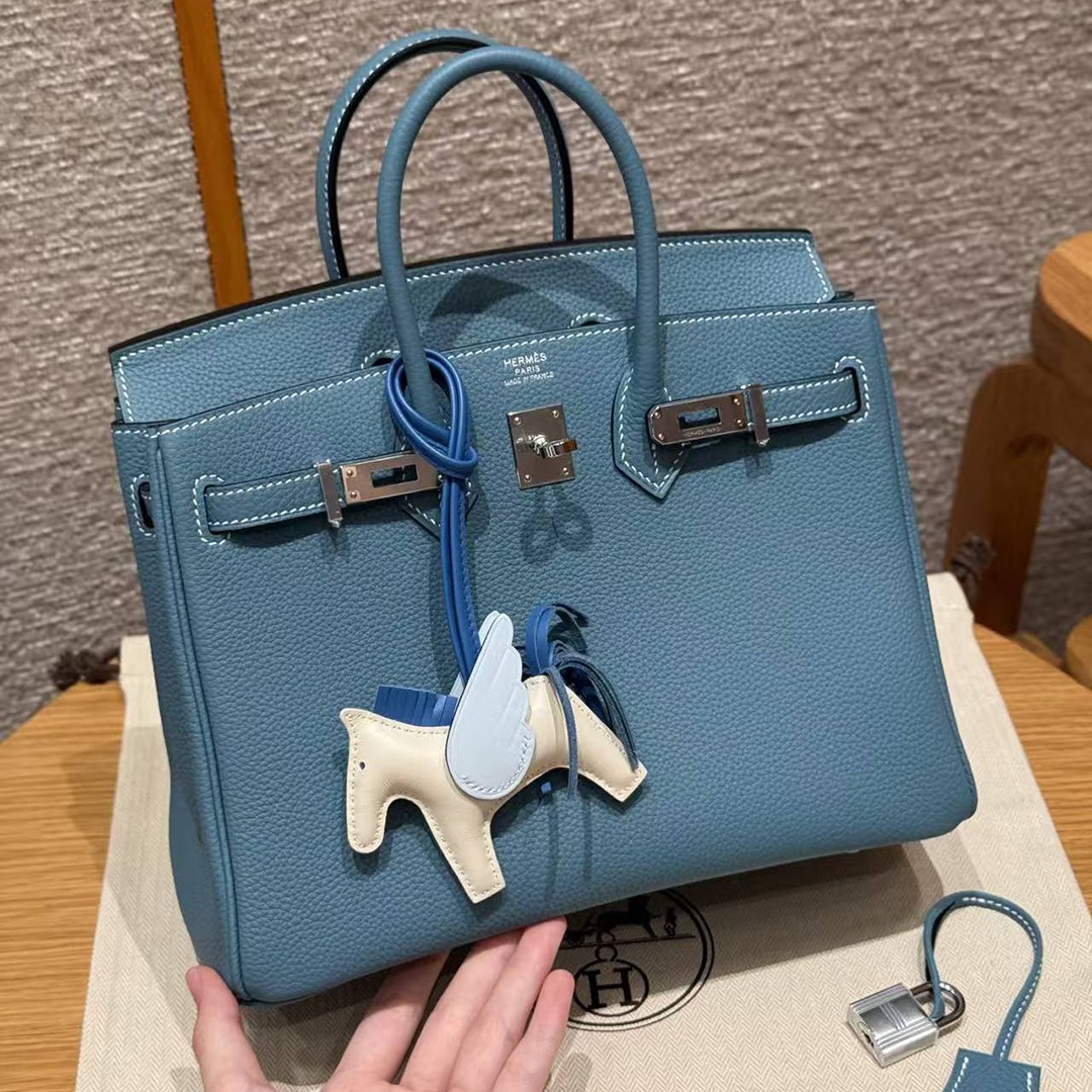 Hermes Birkin 25 Bag Handmade In Togo Calfskin Leather Silver Hardware D2 New Blue Jean