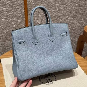 Hermès Birkin 25 Bag Handmade In Togo Calfskin Leather Silver Hardware J7 Blue Lin - Image 19