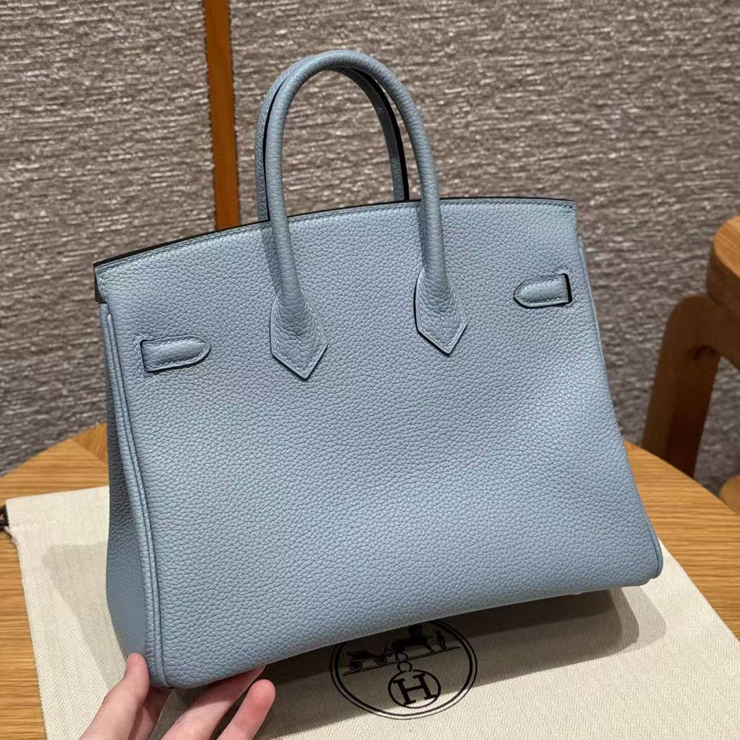 Hermès Birkin 25 Bag Handmade In Togo Calfskin Leather Silver Hardware J7 Blue Lin - Image 19