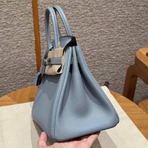 Hermès Birkin 25 Bag Handmade In Togo Calfskin Leather Silver Hardware J7 Blue Lin - Image 17