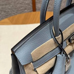 Hermès Birkin 25 Bag Handmade In Togo Calfskin Leather Silver Hardware J7 Blue Lin - Image 8