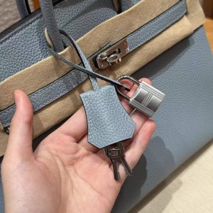 Hermès Birkin 25 Bag Handmade In Togo Calfskin Leather Silver Hardware J7 Blue Lin - Image 4