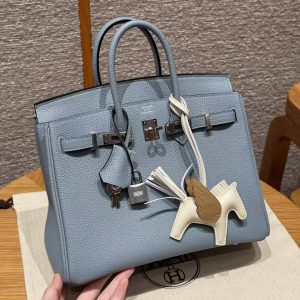 Hermès Birkin 25 Bag Handmade In Togo Calfskin Leather Silver Hardware J7 Blue Lin