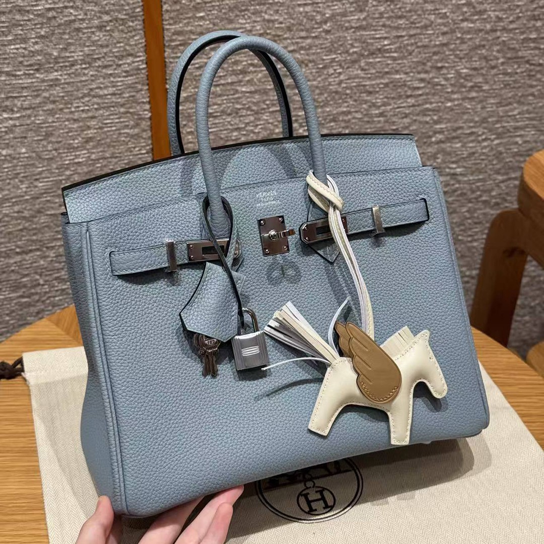 Hermès Birkin 25 Bag Handmade In Togo Calfskin Leather Silver Hardware J7 Blue Lin