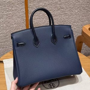Hermès Birkin 25 Bag Handmade In Togo Calfskin Leather and Alligator Silver Hardware 73 Blue Saphir - Image 21