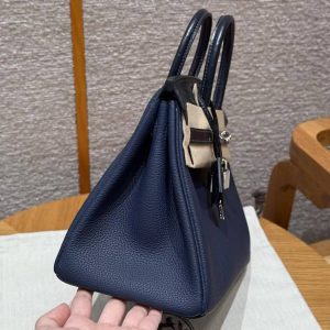 Hermès Birkin 25 Bag Handmade In Togo Calfskin Leather and Alligator Silver Hardware 73 Blue Saphir - Image 20