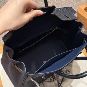 Hermès Birkin 25 Bag Handmade In Togo Calfskin Leather and Alligator Silver Hardware 73 Blue Saphir - Image 13