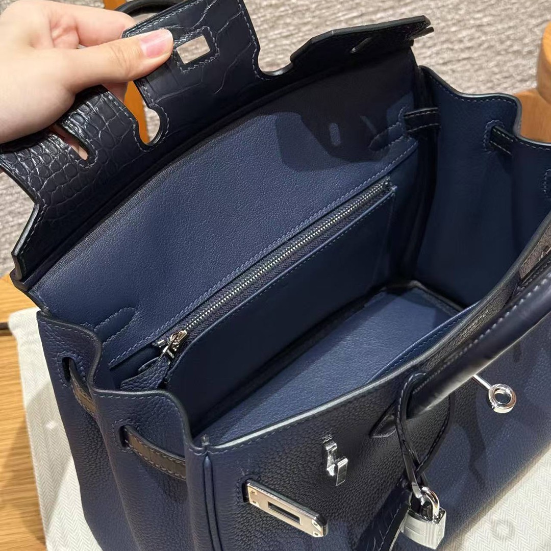 Hermès Birkin 25 Bag Handmade In Togo Calfskin Leather and Alligator Silver Hardware 73 Blue Saphir - Image 12