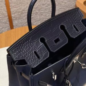 Hermès Birkin 25 Bag Handmade In Togo Calfskin Leather and Alligator Silver Hardware 73 Blue Saphir - Image 11