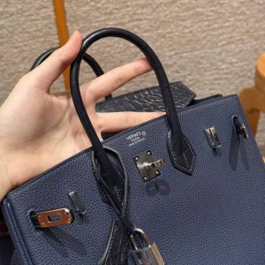 Hermès Birkin 25 Bag Handmade In Togo Calfskin Leather and Alligator Silver Hardware 73 Blue Saphir - Image 10