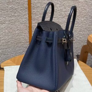Hermès Birkin 25 Bag Handmade In Togo Calfskin Leather and Alligator Silver Hardware 73 Blue Saphir - Image 9