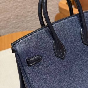 Hermès Birkin 25 Bag Handmade In Togo Calfskin Leather and Alligator Silver Hardware 73 Blue Saphir - Image 7