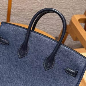 Hermès Birkin 25 Bag Handmade In Togo Calfskin Leather and Alligator Silver Hardware 73 Blue Saphir - Image 6