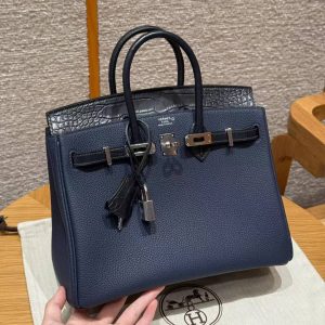 Hermès Birkin 25 Bag Handmade In Togo Calfskin Leather and Alligator Silver Hardware 73 Blue Saphir
