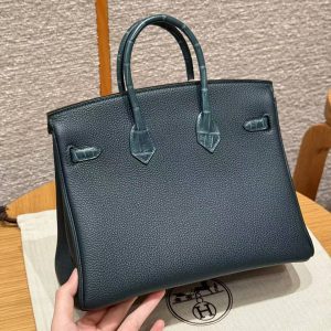 Alternative view of Hermès Birkin 25 Bag Handmade In Togo Calfskin and Matte Alligator Leather Gold Hardware 60 Vert Cypres