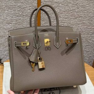 Hermès Birkin 25 Bag Handmade Togo Calfskin Leather Gold Hardware 18 Etoupe - Image 13
