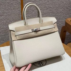 Hermès Birkin 25 Bag Handmade Togo Calfskin Leather Silver Hardware 10 Craie