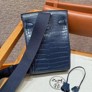 Hermès Hac a Dos PM Backpack Handmade In Matte Porosus Leather Silver Hardware 76 Blue Indigo - Image 20
