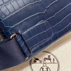 Hermès Hac a Dos PM Backpack Handmade In Matte Porosus Leather Silver Hardware 76 Blue Indigo - Image 7