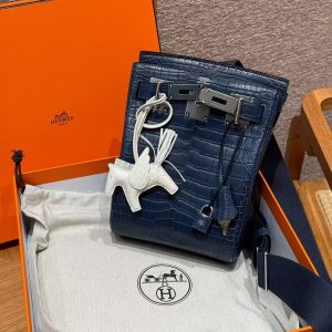 Hermès Hac a Dos PM Backpack Handmade In Matte Porosus Leather Silver Hardware 76 Blue Indigo - Image 3