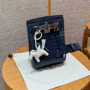 Hermès Hac a Dos PM Backpack Handmade In Matte Porosus Leather Silver Hardware 76 Blue Indigo