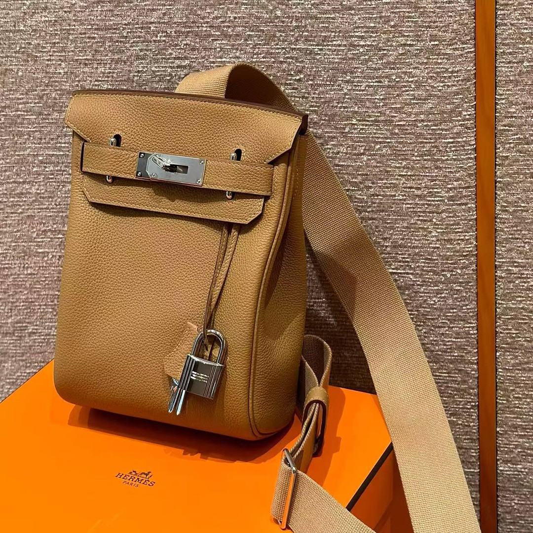 Hermès Hac a Dos PM Backpack Handmade In Togo Calfskin Leather Silver Hardware 0M Chai - Image 10