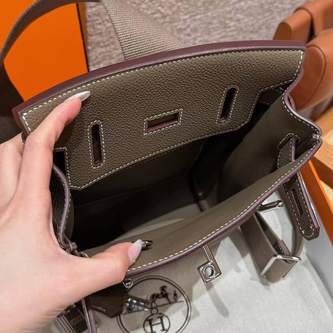 Hermès Hac a Dos PM Backpack Handmade In Togo Calfskin Leather Silver Hardware 18 Etoupe - Image 13