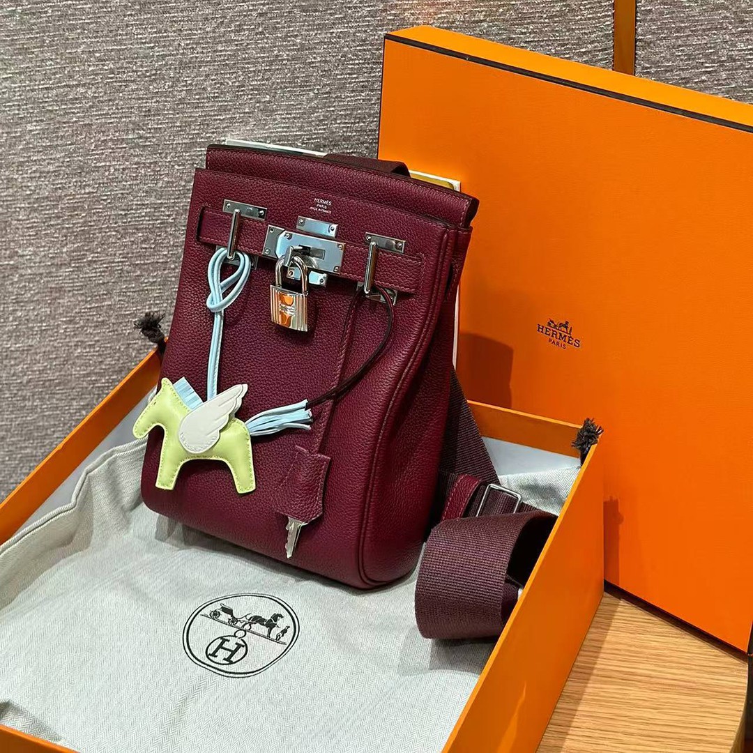 Hermès Hac a Dos PM Backpack Handmade In Togo Calfskin Leather Silver Hardware 55 Rouge H - Image 9