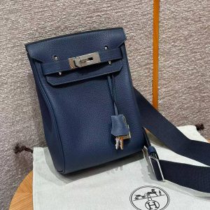 Hermès Hac a Dos PM Backpack Handmade In Togo Calfskin Leather Silver Hardware 73 Blue Saphir - Image 16