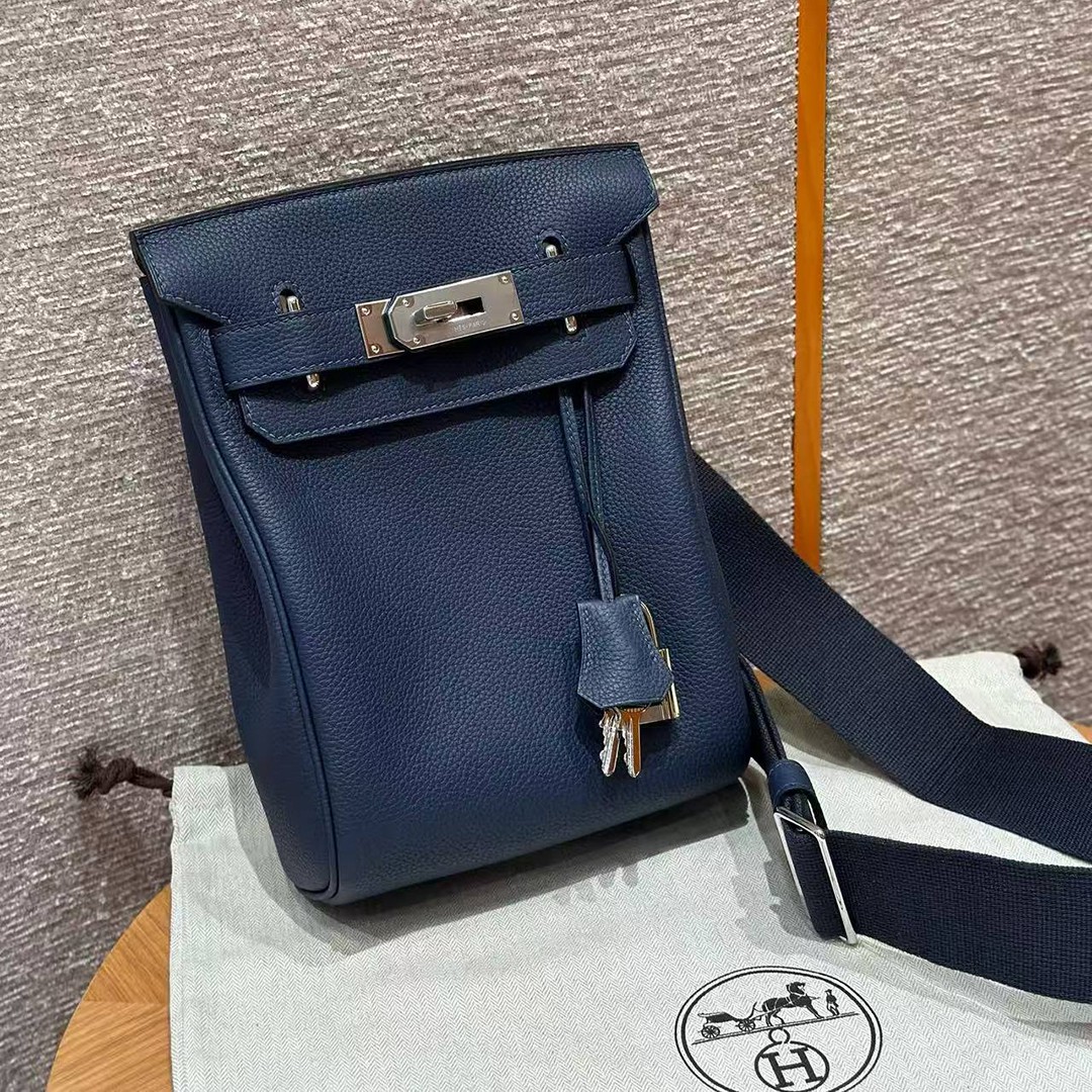 Hermès Hac a Dos PM Backpack Handmade In Togo Calfskin Leather Silver Hardware 73 Blue Saphir - Image 16