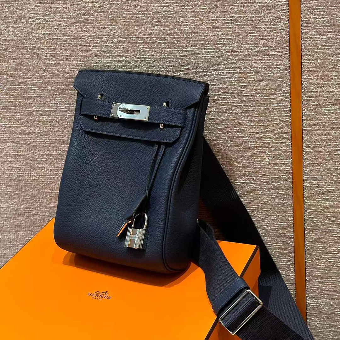 Hermès Hac a Dos PM Backpack Handmade In Togo Calfskin Leather Silver Hardware 73 Blue Saphir - Image 2