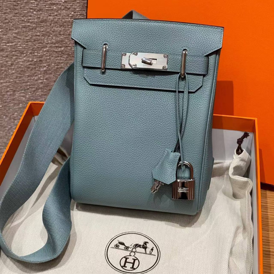 Hermès Hac a Dos PM Backpack Handmade In Togo Calfskin Leather Silver Hardware 7G Ciel