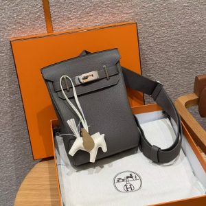 Hermès Hac a Dos PM Backpack Handmade In Togo Calfskin Leather Silver Hardware 8F Gris Etain