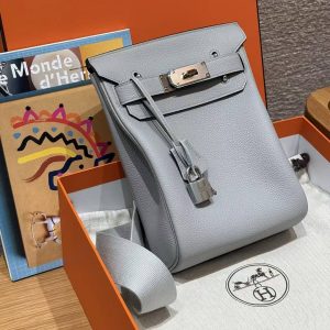 Hermès Hac a Dos PM Backpack Handmade In Togo Calfskin Leather Silver Hardware 8U Blue Glacier