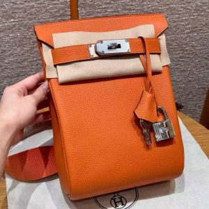 Hermès Hac a Dos PM Backpack Handmade In Togo Calfskin Leather Silver Hardware 93 Orange