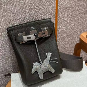 Hermès Hac a Dos PM Backpack Handmade In Togo Calfskin Leather Silver Hardware C6 Vert Gris - Image 9