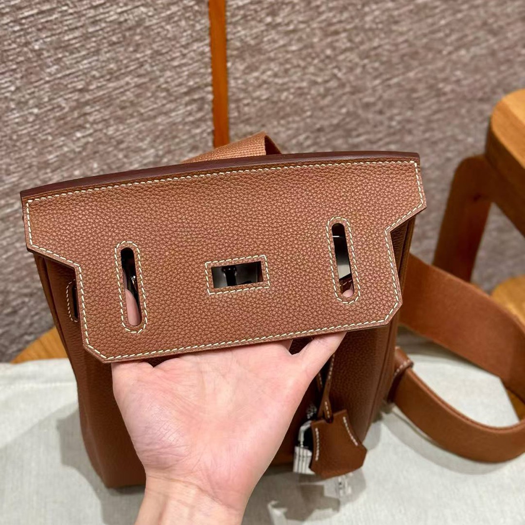 Hermès Hac a Dos PM Backpack Handmade In Togo Calfskin Leather Silver Hardware Ck37 Gold - Image 15