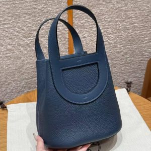 Hermes In the Loop 18 Bag Handmade In Taurillon Clemence Leather Gold Hardware 7P Blue De Presse